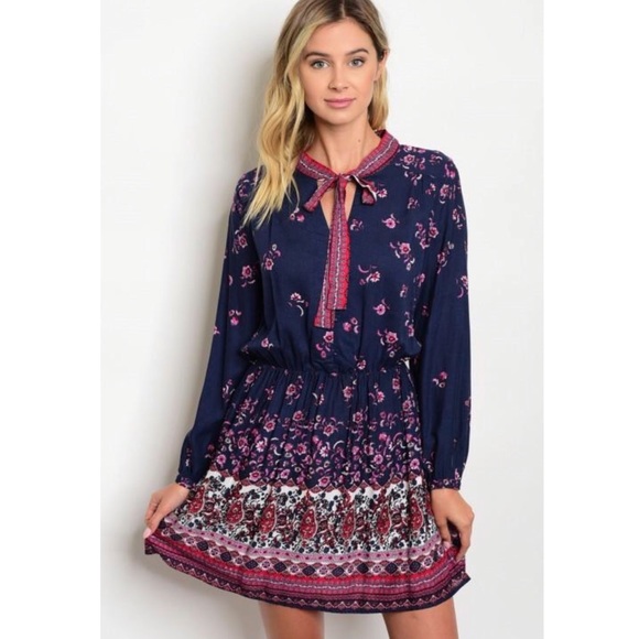 ❗️CLOSING SALE❗️ Tie Up Navy Pink Printed Dress - Picture 3 of 3